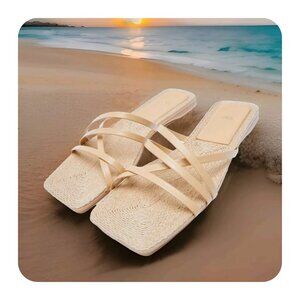 ZARA Women's LEATHER JUTE SZ 10 SANDALS FLATS Low Heel Beige Tan Slide